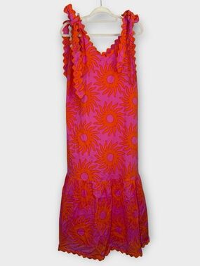 NWT J.MARIE MARA RIC RAC TIE STRAP MIDI PINK & ORANGE DRESS | MEDIUM